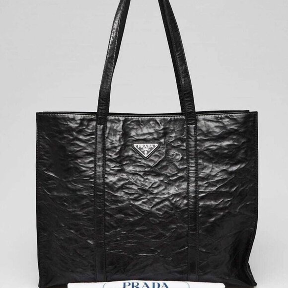 Prada Black Crinkle Nappa Leather Large Tote Bag - Picture 1 of 9